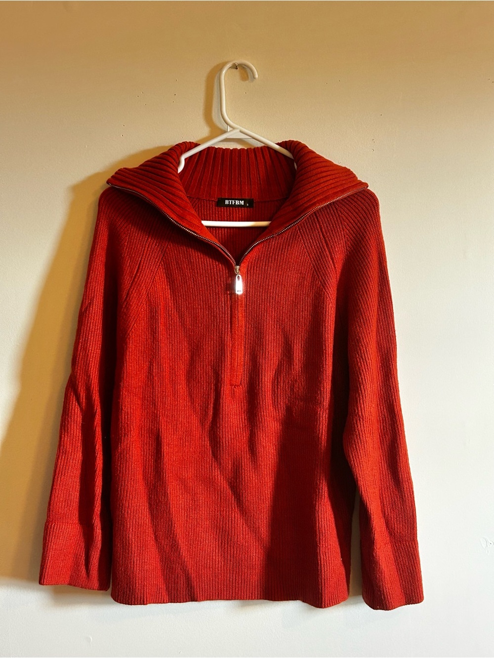 Brick Red Zip-Up Ribbed Sweater - Picture 2 of 6